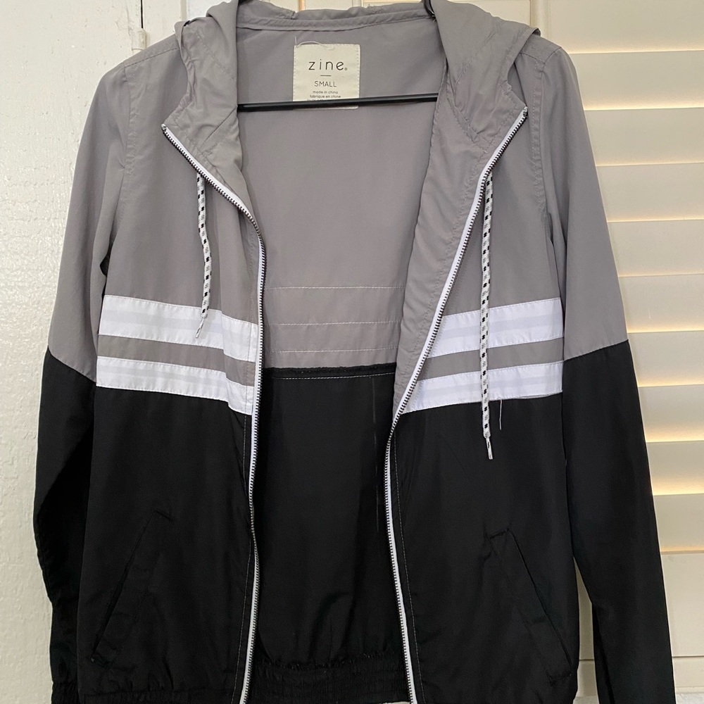 Black and Gray Wind Breaker with White Stripes